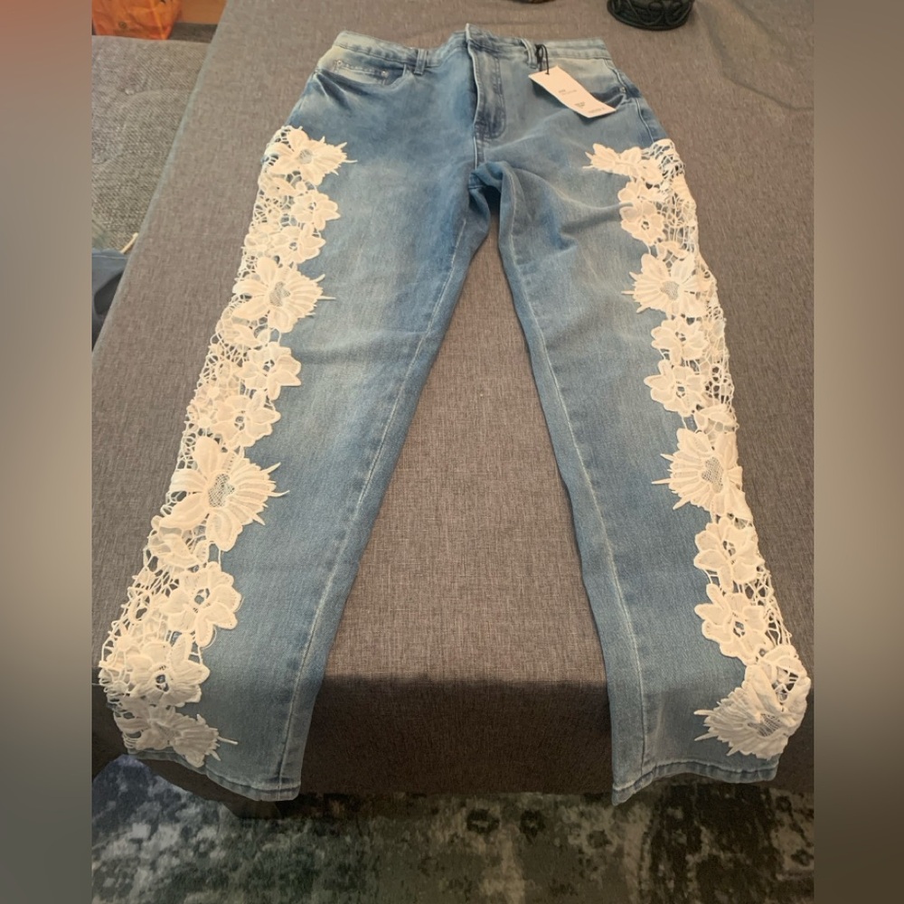 Forever 21 Light Blue Jeans with White Floral Lace Side Panels